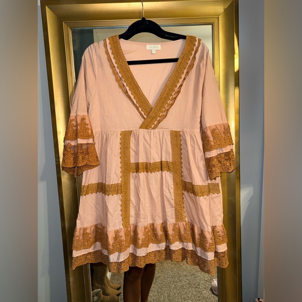 Velzera Pink Tunic with Mustard Embroidery